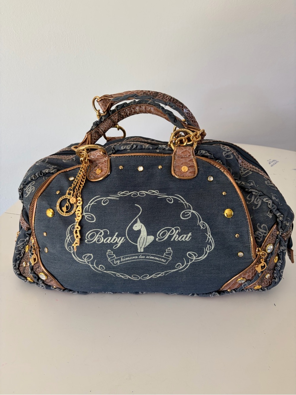 Baby Phat Y2K Embellished Denim Faux Snakeskin Jeweled Satchel Handbag